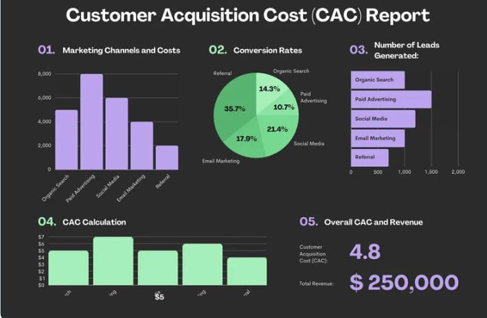 Customer Acquisition Cost (CAC) report displaying marketing channels, conversion rates, number of leads, CAC calculation, and overall revenue,