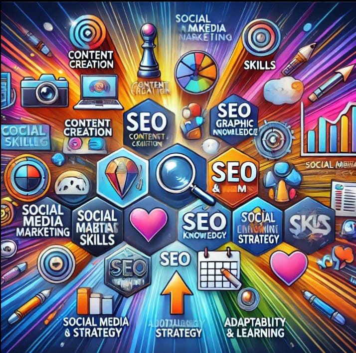 Representing skills needed for social media management and SEO. Includes elements like content creation, SEO knowledge, social media strategy