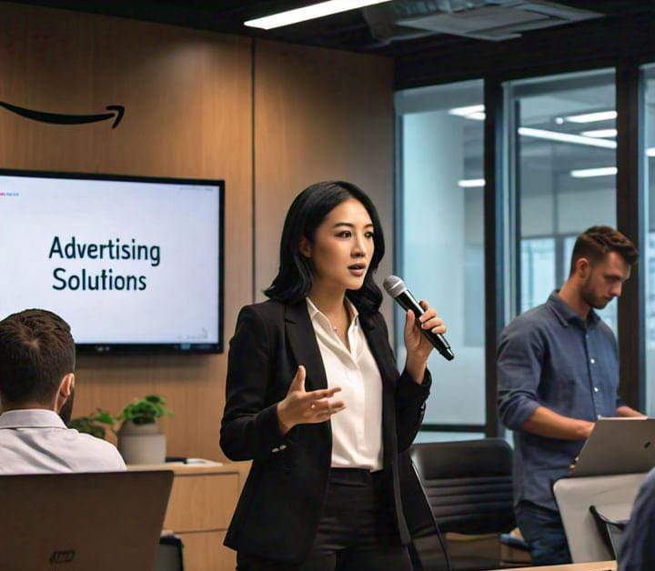 Advertising solutions in a modern conference room, with a screen displaying the topic and colleagues working in the background