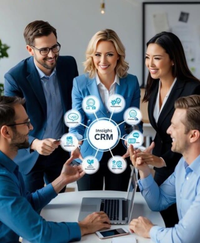 Team of business professionals collaborating around a table, using a laptop to explore CRM insights and strategies for customer relationship management."
