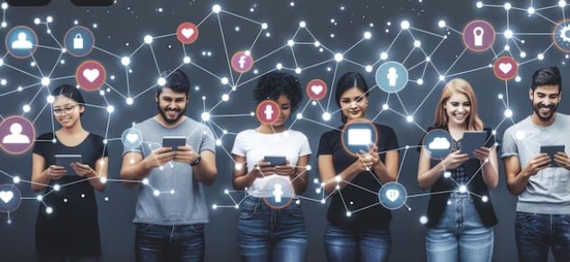 A group of young adults using smartphones, with floating icons of social media interactions such as likes, messages, and connections around them. 