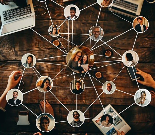 A diverse group of people connected through a network, symbolizing social connections and teamwork. 