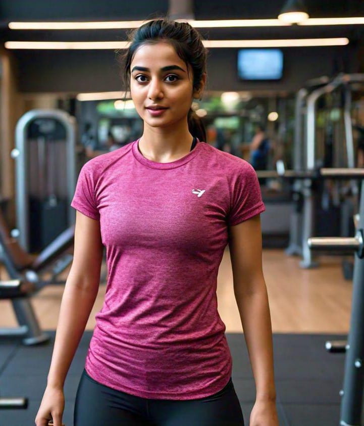 Young woman wearing  pink t shirt with the text '#Best-shirt for Gym' on it, against a dark background. Her serious expression shows determination and focus."
